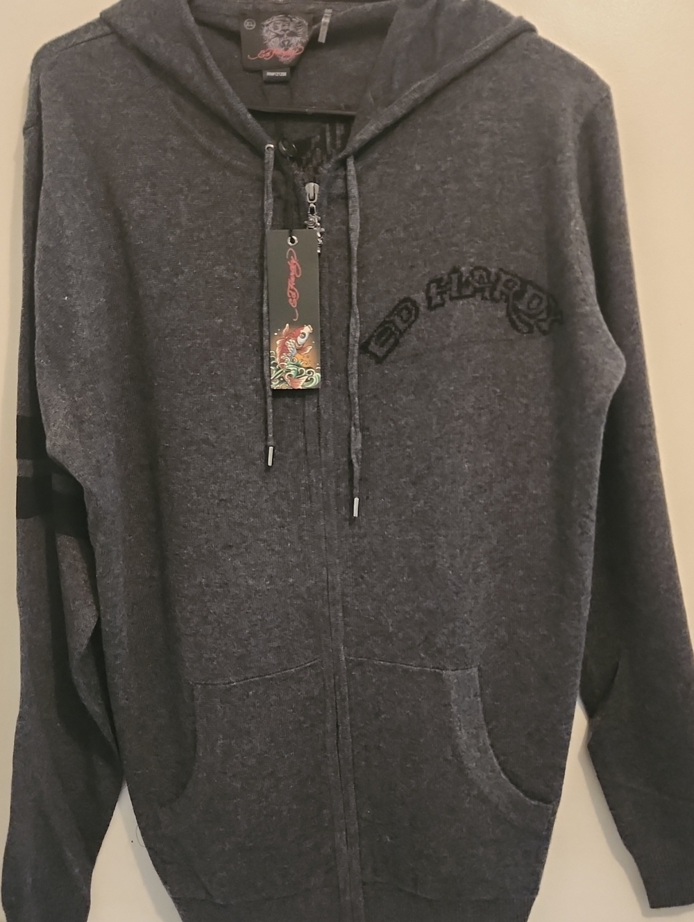 ED HARDY BNWT $179 LIGHT SWEATER ZIP UP HOODIE.  DARK HEATHER GREY. SIZE XL COOL